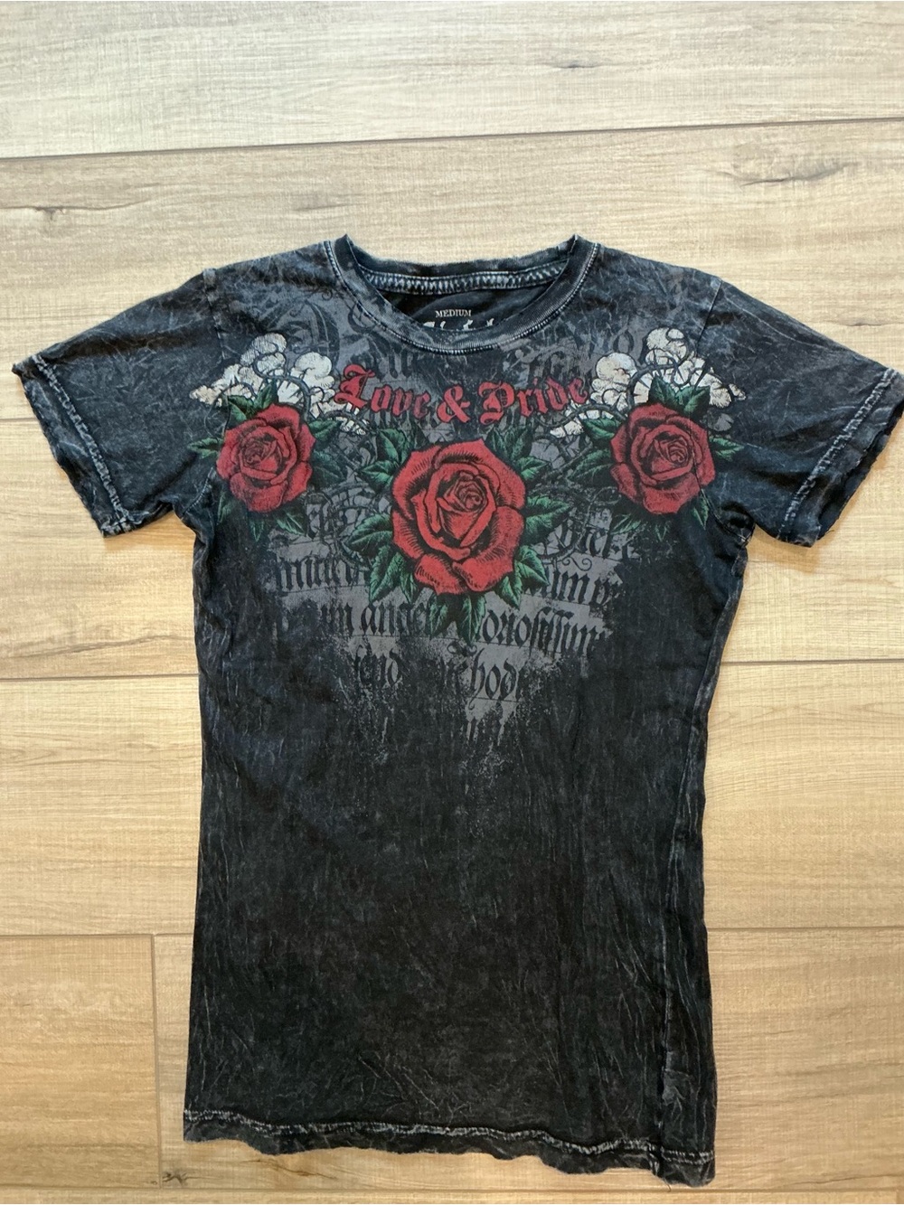 Sinful Black Tee with Red Rose and Green Leaves